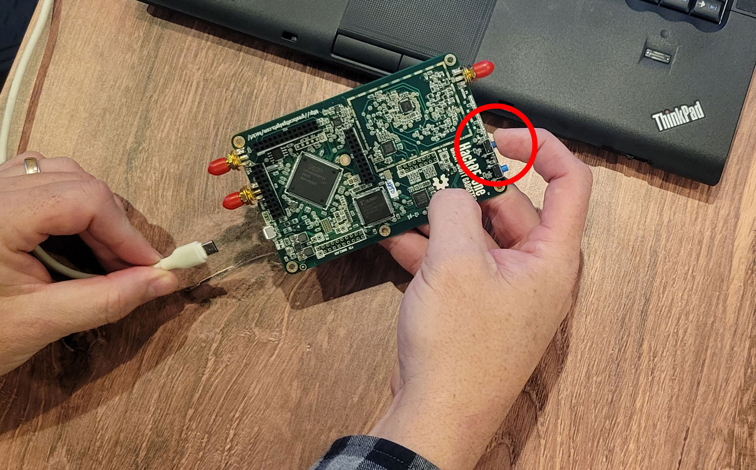Boot up the HackRF One while pressing the DFU-Mode button